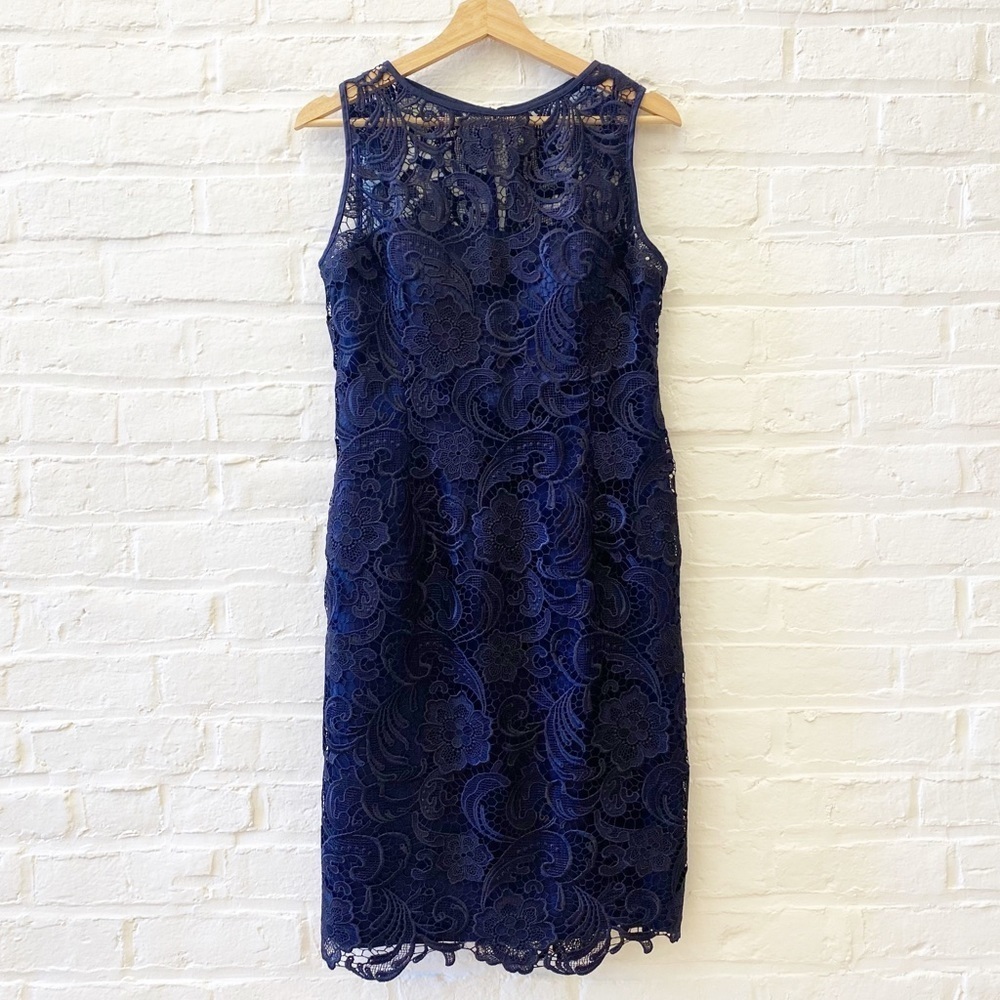 Adrianna Papell || Illusion Neckline Sleeveless Sheath Dress Lace Navy 12‎